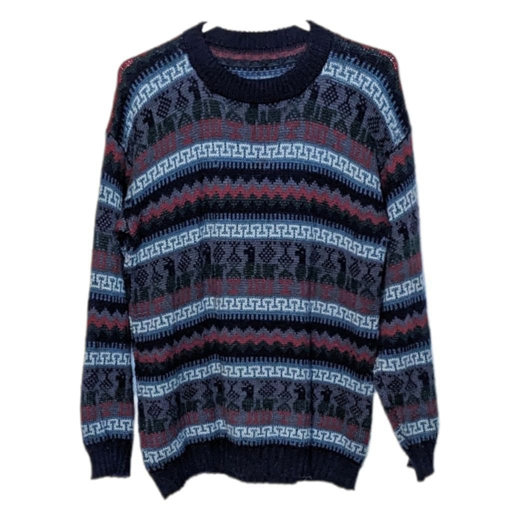 Vintage alpaca traditional Peru crew neck sweater red blue Medium T1